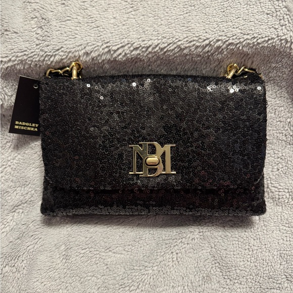 Badgley Mischka Black Sequin Crossbody with Pearl Accent Chain